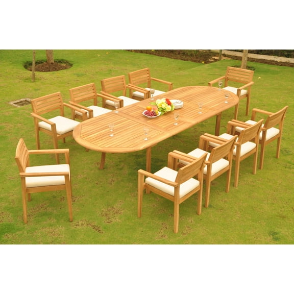 Teak Dining Set: 10 Seater 11 Pc: Large 117" Oval Table & 10 Montana Stacking Captain/Arm Chairs Outdoor Patio Grade-A Teak Wood WholesaleTeak #WMDSMTw