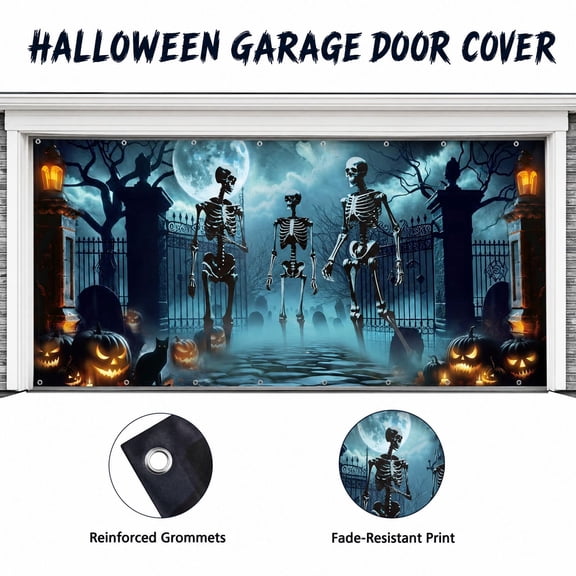 Halloween Garage Door Cover with Spooky Skeleton and Pumpkin Design, 1 Piece, Light Blue, for Outdoor Yard Display, Halloween Decoration