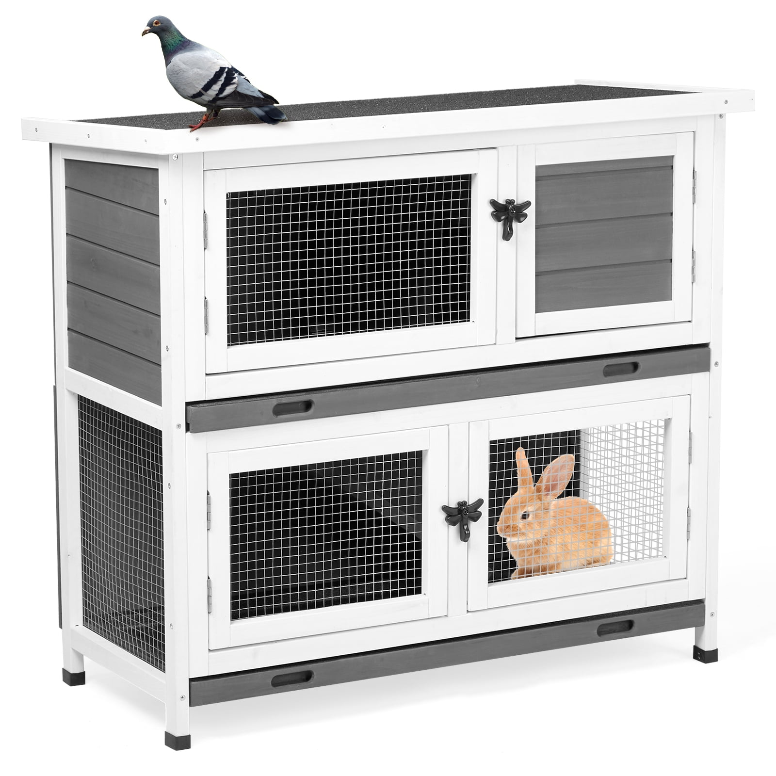 2 Story Solid Wood Rabbit Hutch Bunny Cage with 2 Large Main Rooms, Indoor Outdoor Rabbit House Guinea Pig Cage Pet House for Small Animals with 2 Removable Trays, Grey
