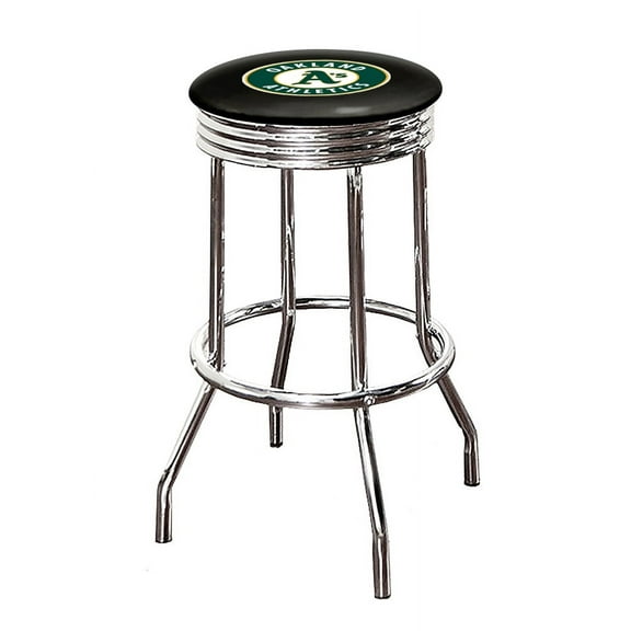 The Furniture King Bar Stool 24" or 29" Tall Backless Chrome Metal Stool Featuring Your Favorite Baseball Team Logo on a Colored Vinyl Swivel Seat Cushion - Athletics on Black