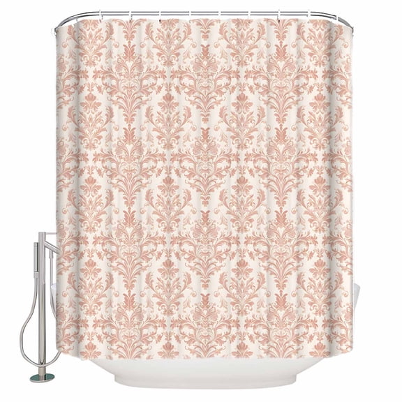 Pink Flowers Bathroom Shower Curtains with 12 Hooks Polyester Waterproof Shower Curtain for Stalls and Bathtubs Baroque Scroll Floral Damask Pattern Art Decorative Bathroom Curtain 48x72 Inches