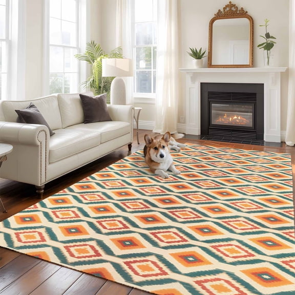 6'x9' Area Rugs, Orange Teal Geometric Indoor Outdoor Area Rug for Living Room Bedroom, Southwest Ethnic Country Washable Bathroom Rugs Kitchen Floor Carpet Mats Home Decor Aesthetic