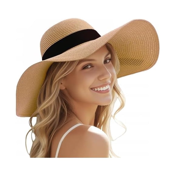 Sun Beach Hats for Women,Wide Brim Straw Hats Womens with Chin Strap, Foldable Woven Sun Hat UV Protection