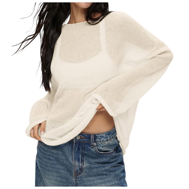 Chandails en Tricot à Mailles Transparentes à Manches Longues Oversize pour Femmes, Polyester, Été, Coupe Ample, Ajourés, Plage