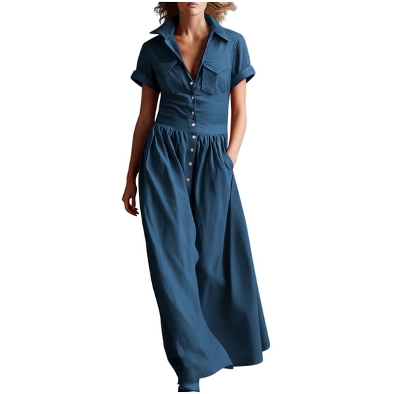Efsteb Women's Collared Short Sleeve Maxi Dress Button Front Smocked Waist Summer Casual Fitted Solid Color Flowy Long Dress (Blue,XXL)