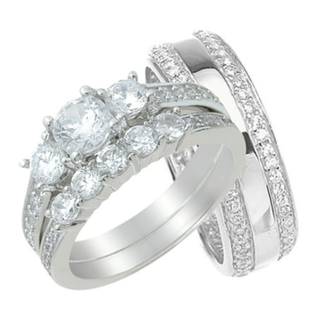 His and Hers High Quality CZ Wedding Ring Set Matching Sterling Silver Bands for Him and Her (5/9) (Choose