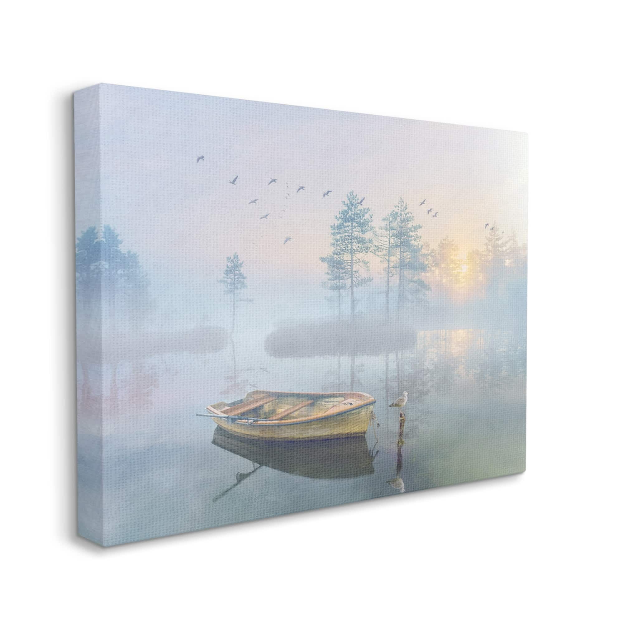 Stupell Dinghy Boat Foggy Pond Reflection Landscape Painting Gallery Wrapped Canvas Print Wall Art