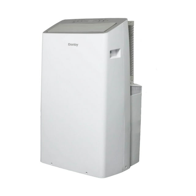 Danby 12000 BTU portable air conditioner in white with digital controls on top and built-in side handle for easy mobility.
