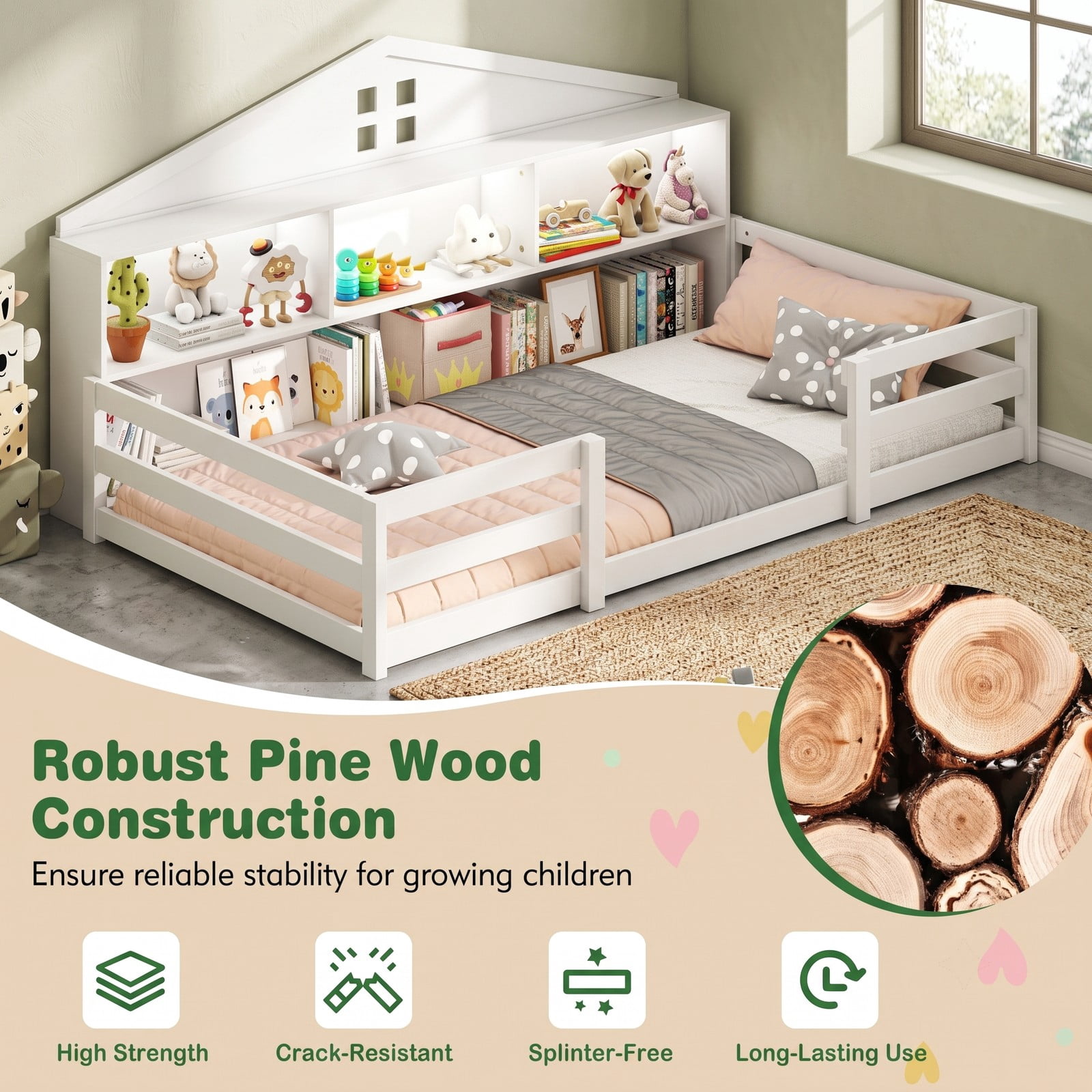 Furnibear Twin Bed Frame Montessori Floor Bed for Kids with House Headboard, Storage Compartments and Open Shelf, White