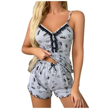 Penkiiy Women Lingerie Sexy Women Lingerie Printed Lace Temptation Babydoll Underwear Cami Underpants Shorts Sleepwear Briefs Suit Gray Sexy Lingerie