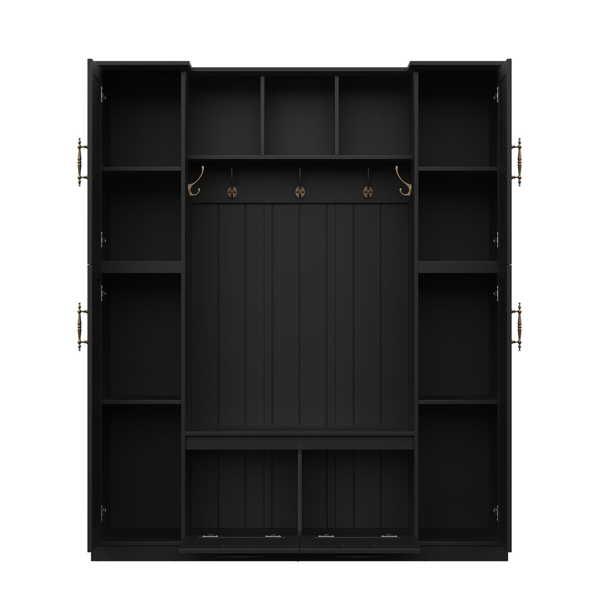 Aukfa 3-in-1 Large Hall Tree with Storage Bench, Mudroom Entryway Bench with 4 Side Cabinets & 5 Hooks,Black