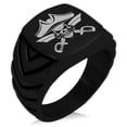 thumbnail image 1 of Stainless Steel Jolly Roger Skull Pirates Cross Swords Chevron Pattern Biker Style Polished Ring, 1 of 1