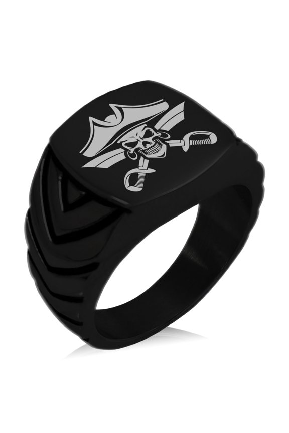 Stainless Steel Jolly Roger Skull Pirates Cross Swords Chevron Pattern Biker Style Polished Ring