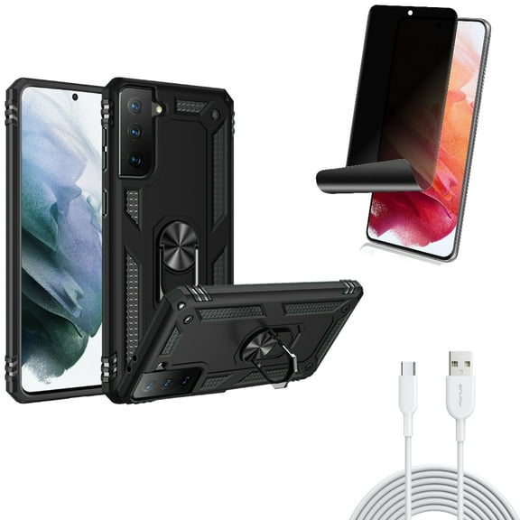 6ft USB-C Cable & Privacy Screen Protector & Hybrid Case Cover for Samsung Galaxy S22 (6.1") - Type-C Fast Charger & TPU Film Fingerprint Works & Metal Ring Kickstand Accessory Bundle