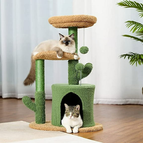 Cat Tree 32 Inches Cactus Cat Tower with Sisal Covered Scratching Post, Cozy Condo, Plush Perches and Fluffy Balls for Indoor Cats