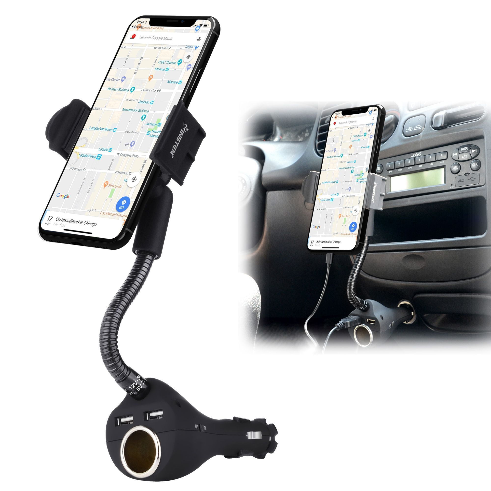 Car Mount Phone Holder with 2 Port USB Charger & Socket For Apple iPhone XR XS iPhone X 7 8 Plus 6S 6 by Insten Samsung Galaxy S9 S9+ Plus S8 S7 S6 Car Mount Phone Holder with 2 Port USB Charger & Socket For Apple iPhone XR XS iPhone X 7 8 Plus 6S 6 by Insten Samsung Galaxy S9 S9+ Plus S8 S7 S6
