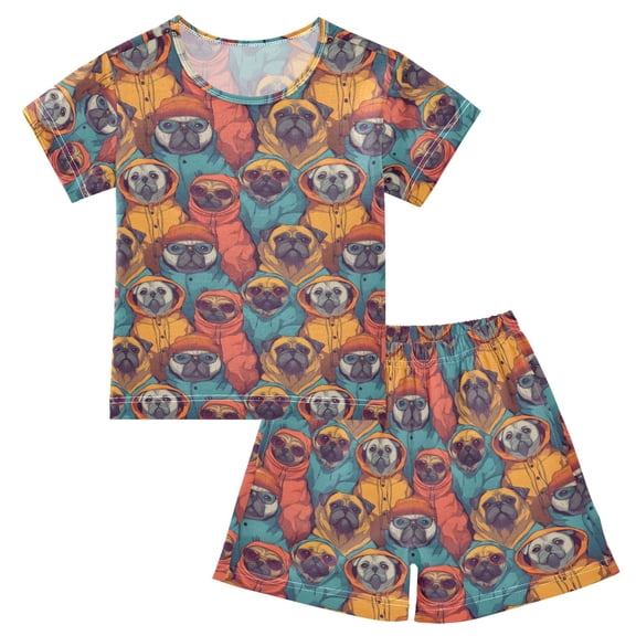 joogoo Trendy Pug and Bulldog Pattern Pajama Sets Short Sleeve Cotton 2-Piece Sleepwear 10Y