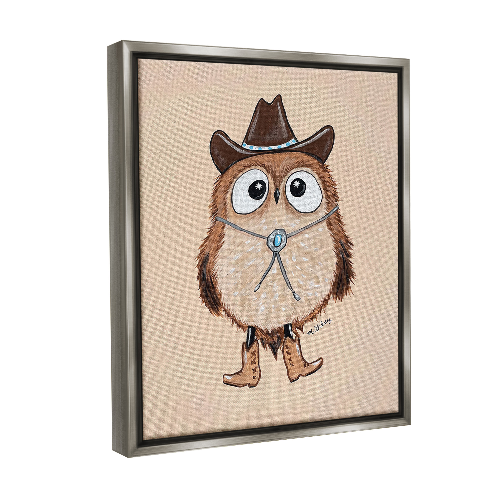 Stupell Industries Southwestern Cowboy Owl Animals & Insects Painting Gray Floater Framed Canvas Art Print Wall Art, 25 x 31