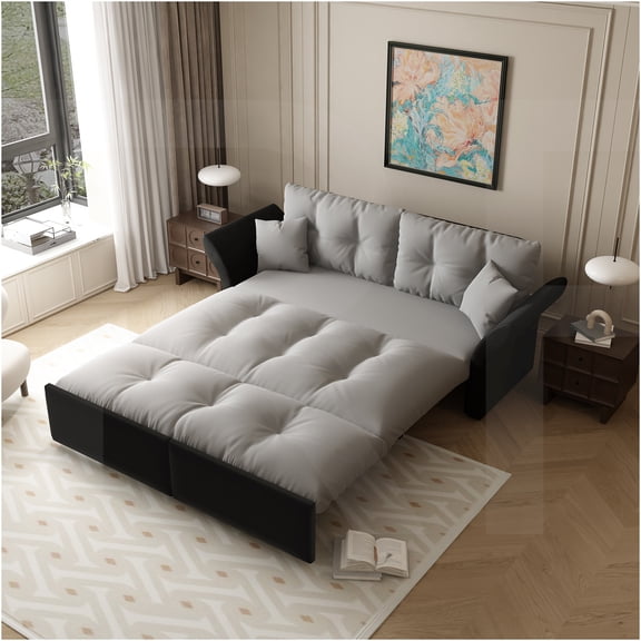 JERFIT 3-in-1 Convertible Velvet Sofa Bed, Queen Size Pull Out Sleeper Sofa with Pillows for Living Room, Apartment, Grey