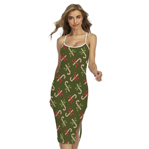 Xmas Candy Cane Pattern Printed Cross Back Cami Dress, Jesus Christian Fashion Summer Maxi Sexy Casual Dress For Women