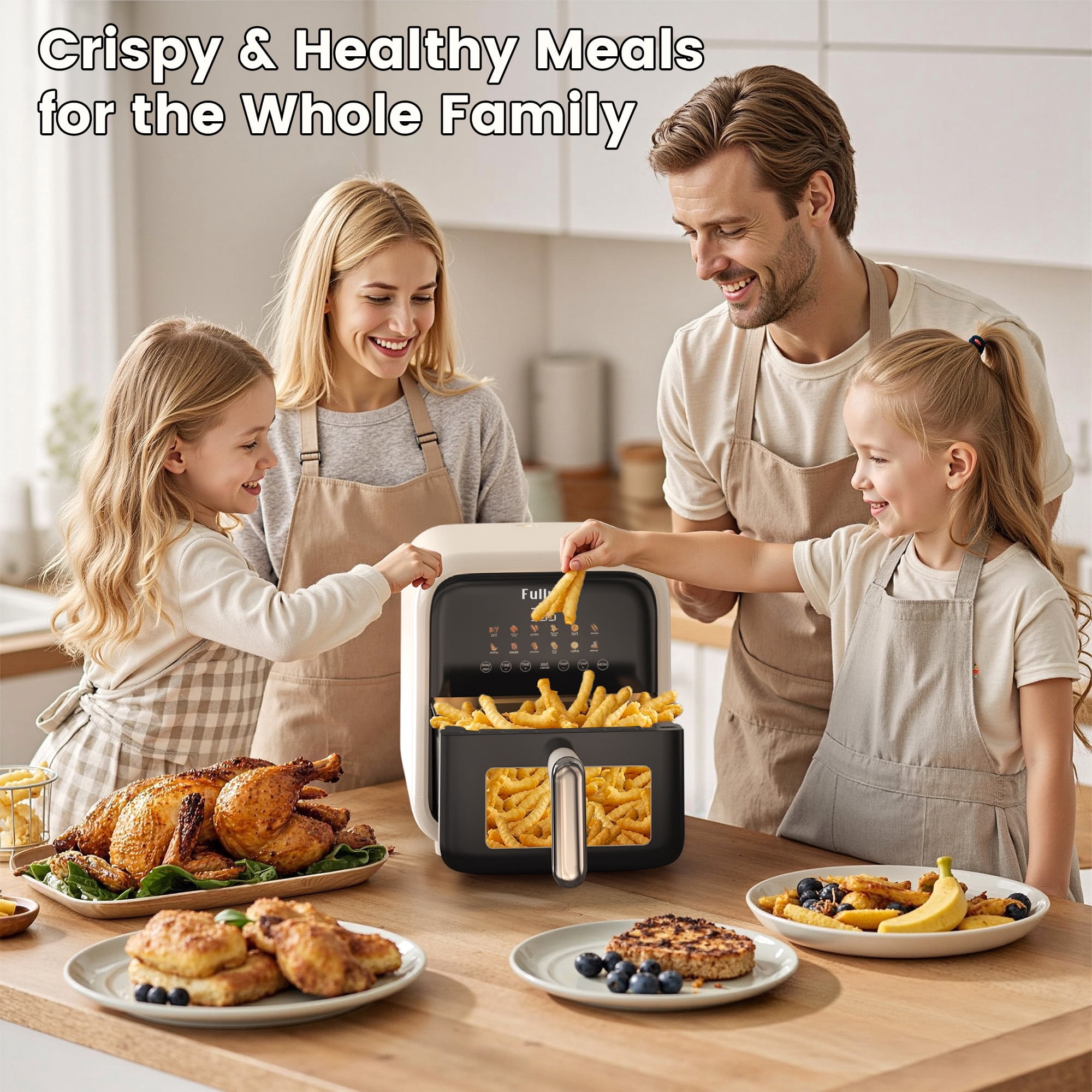 Fullwill Air Fryer with Visible Window, 7.5QT,12-in-1 Multi-Function Air Fry,Roast,Bake, Dehydrate, Fries,Nonstick and Dishwasher-Safe Basket,Family&friends Party,1700W,Creamy White