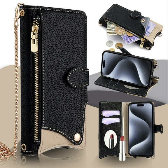 Decase for iPhone 15 Pro Max Crossbody Wallet Case with PU Leather Card Holder Slots Kickstand Flip Folio Zipper Handbag Phone Cover,Black