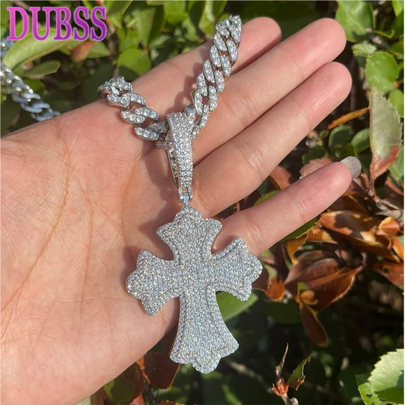 Dubss Iced Out Cross Necklace for Men Prong Setting Cubic Zirconia Real Gold Plated Pendant Hip Hop Jewelry