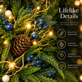 thumbnail image 3 of 24 Inch Artificial Norfolk Pine Christmas Wreath with Battery-Operated Warm White Lights, Blue Berries, Pinecones, Gold Bells and Navy Bow, Batteries Not Included, 3 of 10
