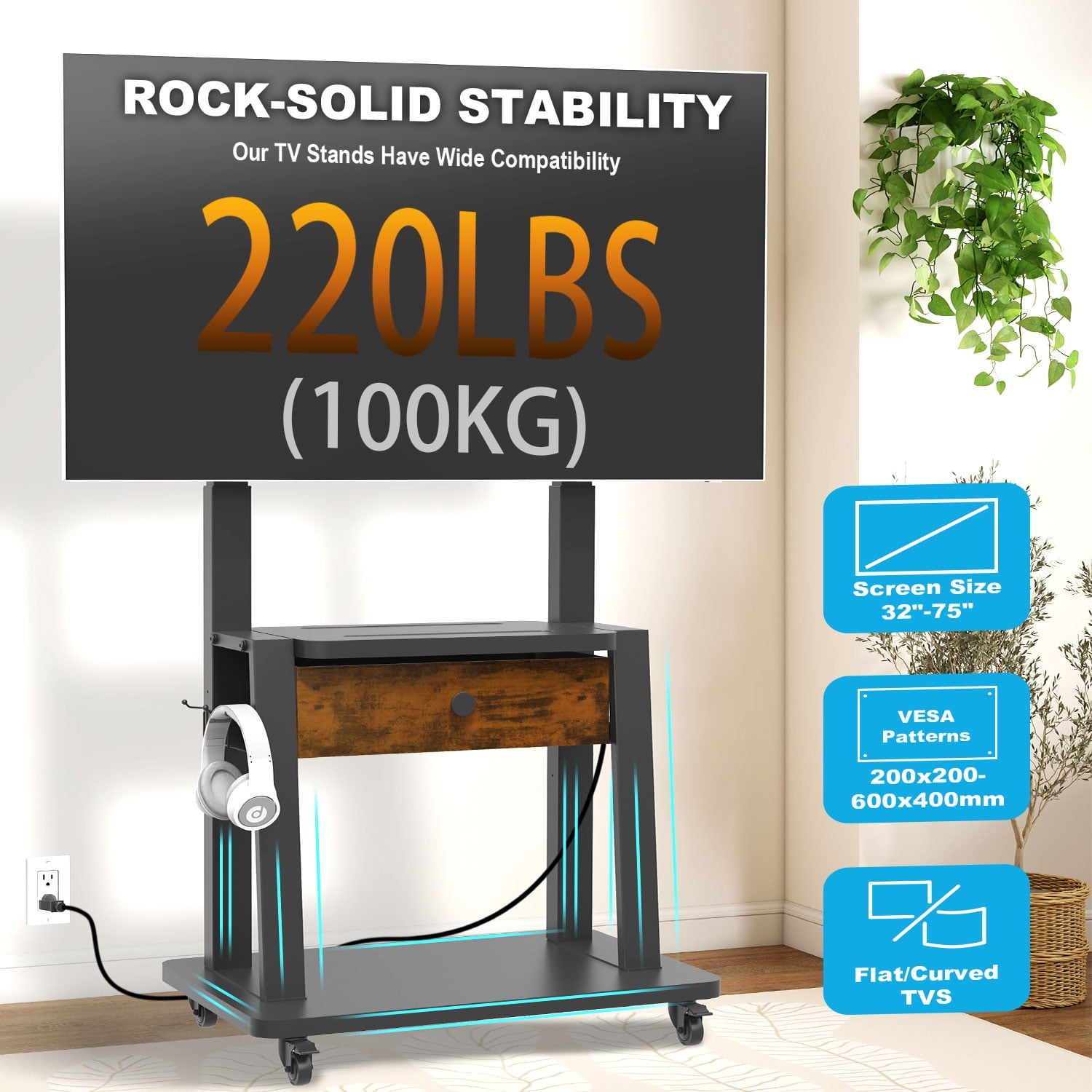 Hellsehen Rolling TV Stand with Fabric Drawers Power Outlet Adjustable Height for 32-75 inch Flat Screens Black Retro