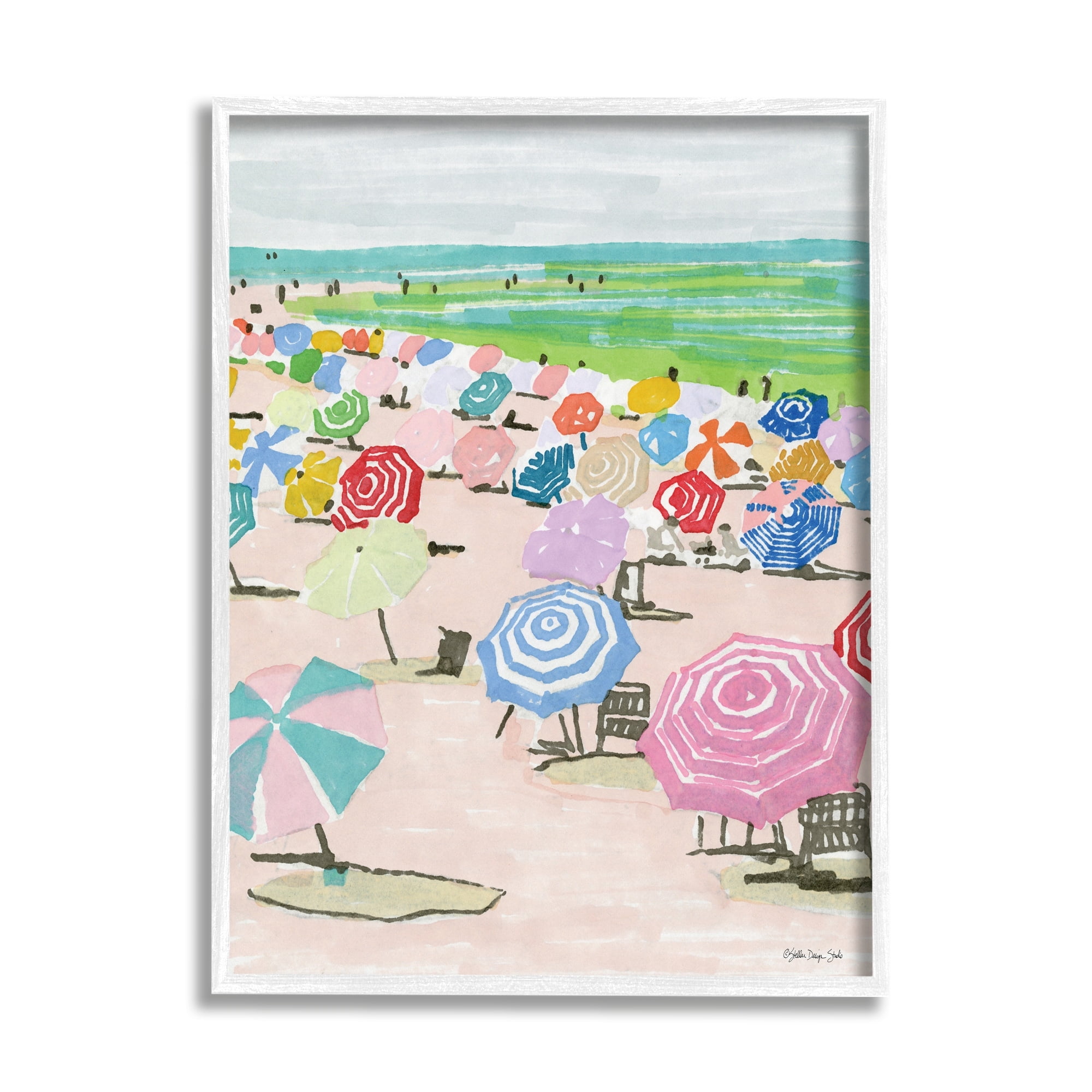 Stupell Industries Pastel Umbrella Filled Beach Watercolor Landscape White Framed Art Print Wall Art, 11x14, by Stellar Design Studio