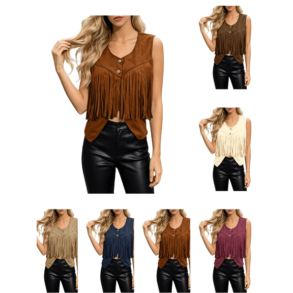 Atkumj Western Vest Women Vintage Suede V Neck Fringe Hem Button Up Vests Fashion Casual Solid Color Cropped Women Vest Top for Everyday Western Look S