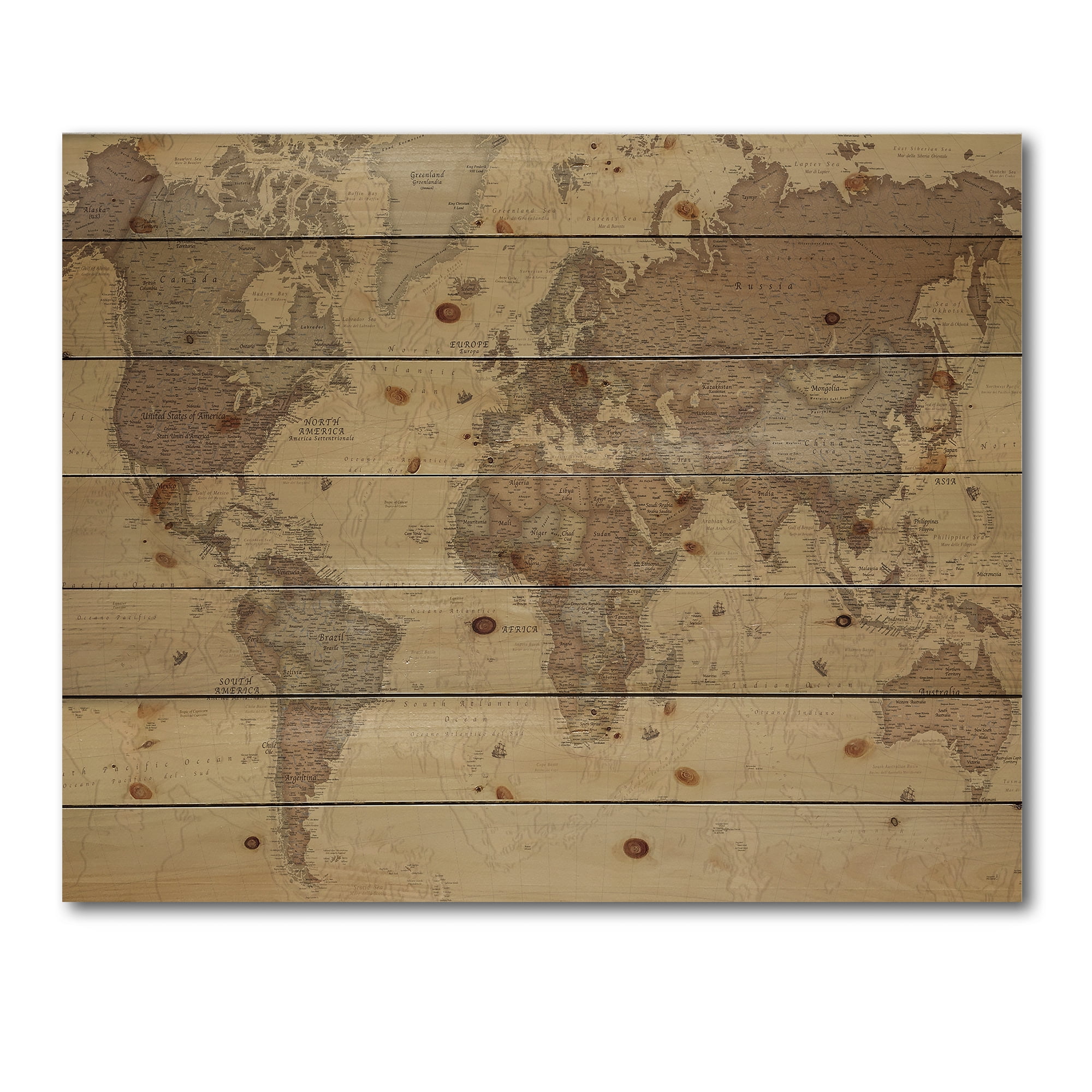 Designart 'Ancient World Map III' Vintage Print on Natural Pine Wood