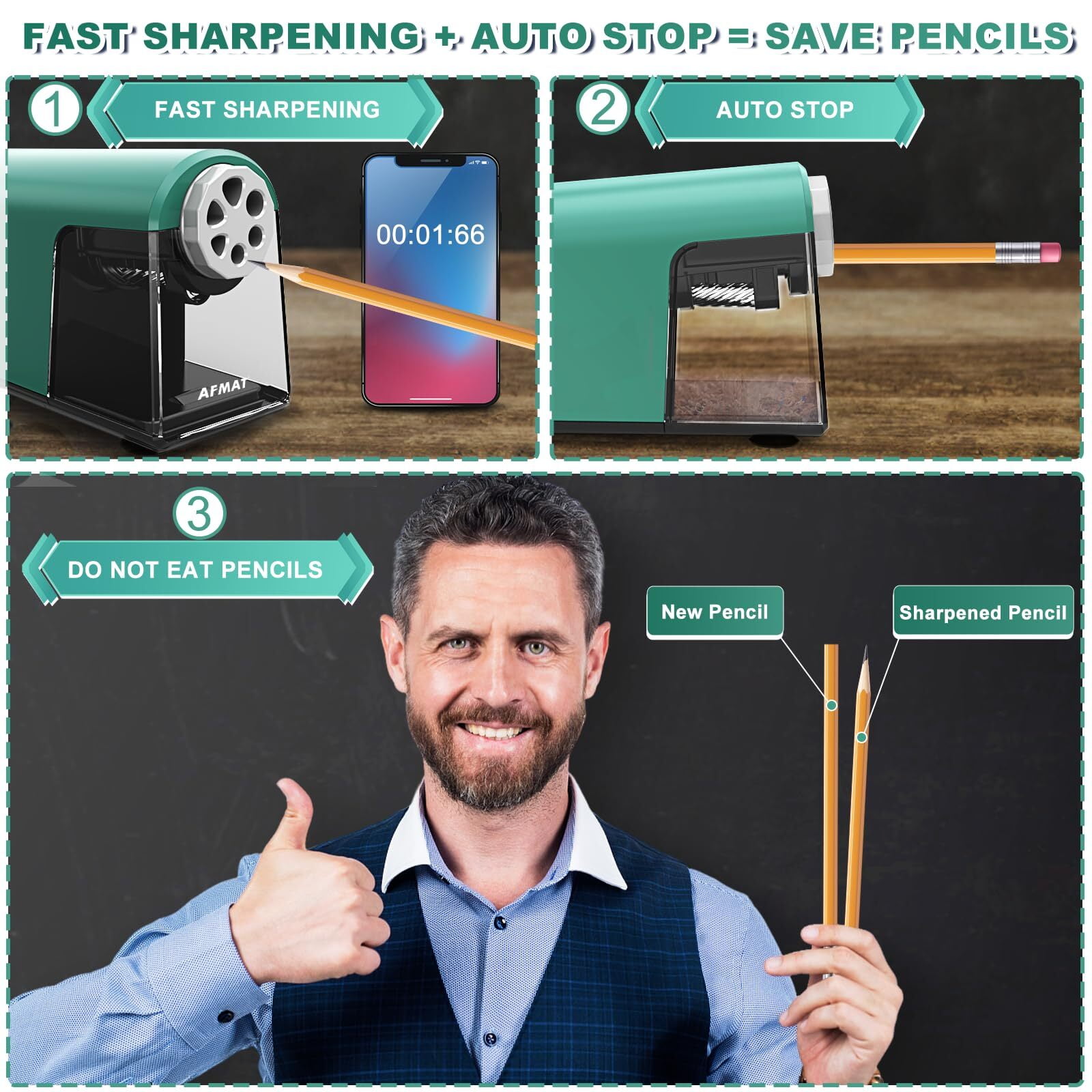 AFMAT Heavy Duty Electric Pencil Sharpener Green with Auto Stop 6 Holes for 6-11mm Pencils