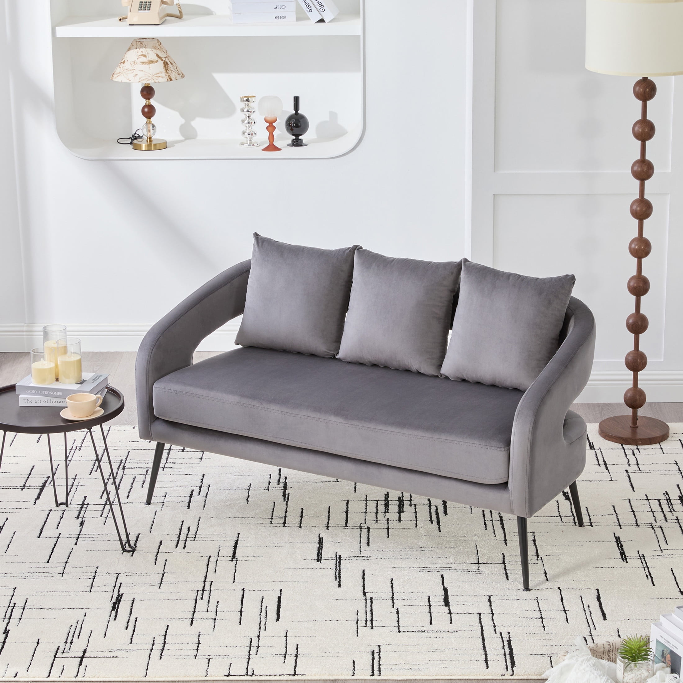 Noble House Norford 53.7" Velvet Open-Back Loveseat Settee, 2-Seater Small Sofa with Pillows and Metal Legs, Charcoal