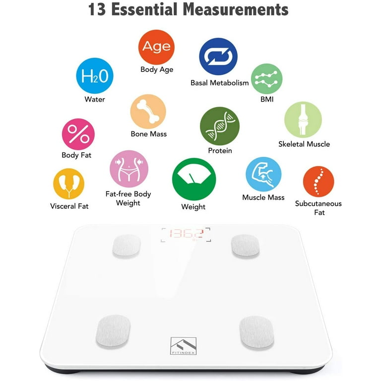 FITINDEX Bluetooth Body Fat Scale, Smart Wireless BMI Bathroom Weight Scale Body Composition Monitor Health Analyzer with Smartphone App, Size: 10.2 x