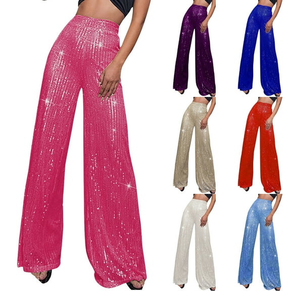 Elainilye Fashion Wide Leg Trouser Pants for Women Elegant Sequins High Waist Pants Flare Trousers Zipper Pants,Purple