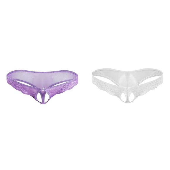 2 Pack(Purple 1PCS & White 1PCS) Multipack Pack Set Mens Personality Casual Mini Mens Latex Thong Underwear T Pants Jock Strap Transparent Lace