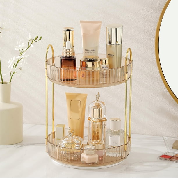 Organizador de maquillaje giratorio Aveniee de 2 niveles para tocador (dorado)