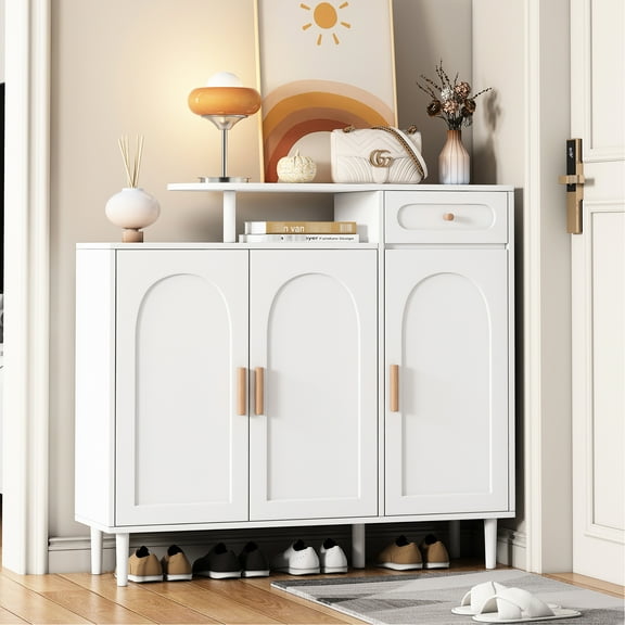 Elegant Shoe Cabinet With Curved Arched Top And Drawer. Black, Adjustable Shelves, Expansive Table Area Space, Particle Board Front Storage. Roomy Desk Construction