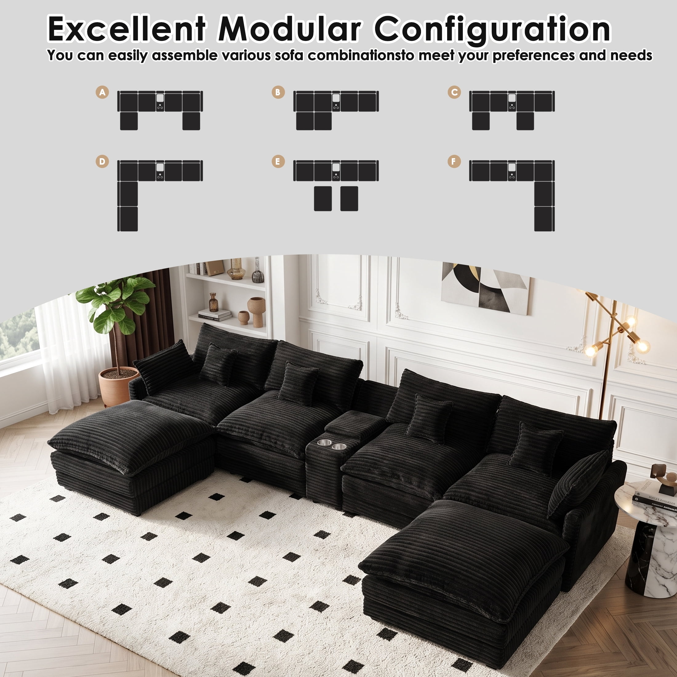 Wakefit 141" U Shaped Sectional Couch, Oversized Modular Sectional Sofa, 5 Seater Corduroy Cloud Couch with Hidden Storage, USB Ports & Cup Holders for Living Room, Black