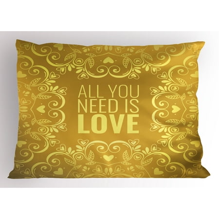 Gold Sham Gold Mandala Pillow Sham Romantic Floral Round Figures Hearts Quote In Love Valentine's Day Theme Doodle, Decorative Standard King Size Printed Pillowcase, 36 X 20 Inches, Gold, by Ambesonne ()