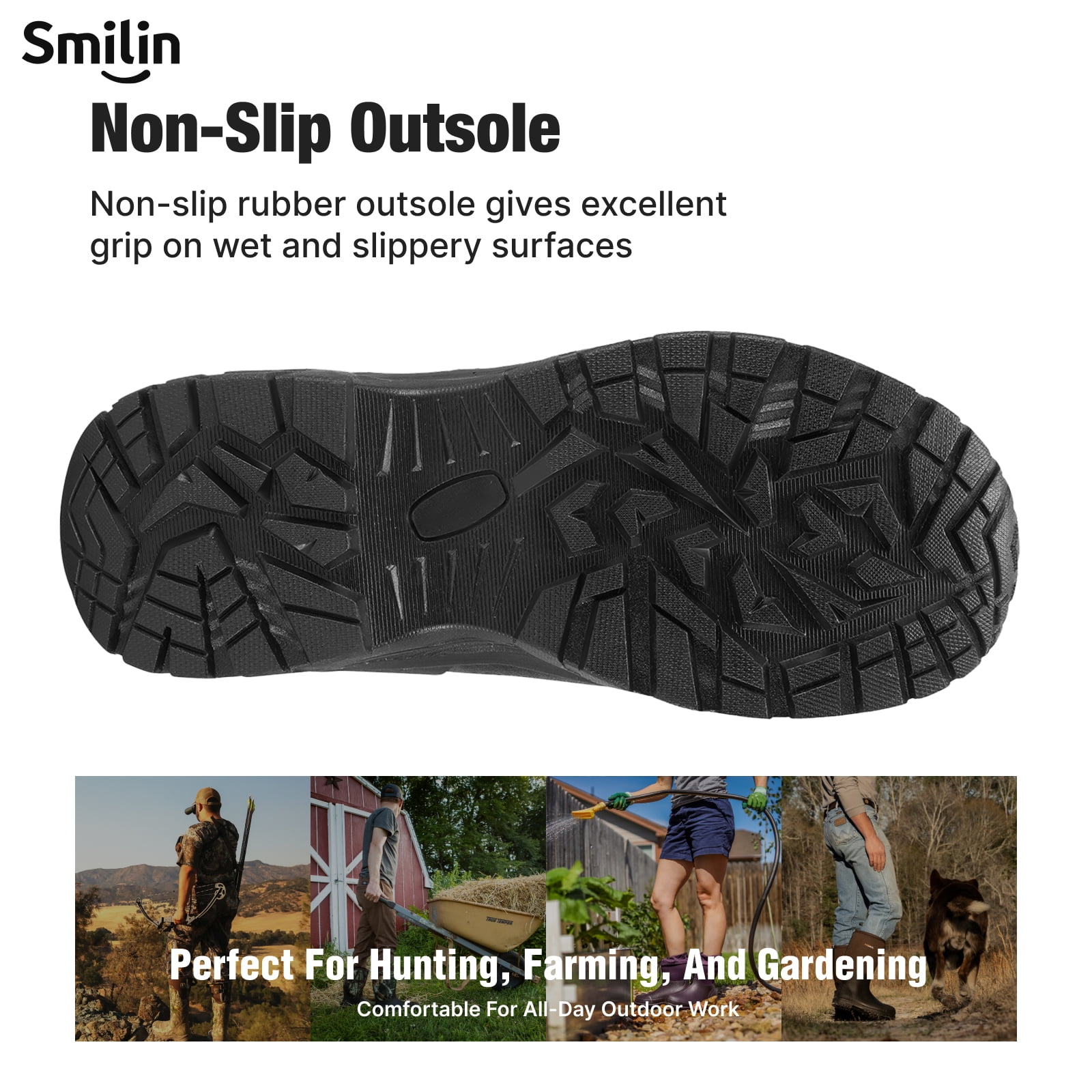 SMILIN Men's Rain Boots, Anti-Slip Ankle Height Outdoor Work Boots for Mud, Snow, Hunting, and All-Season Activities, Black, US Size 10