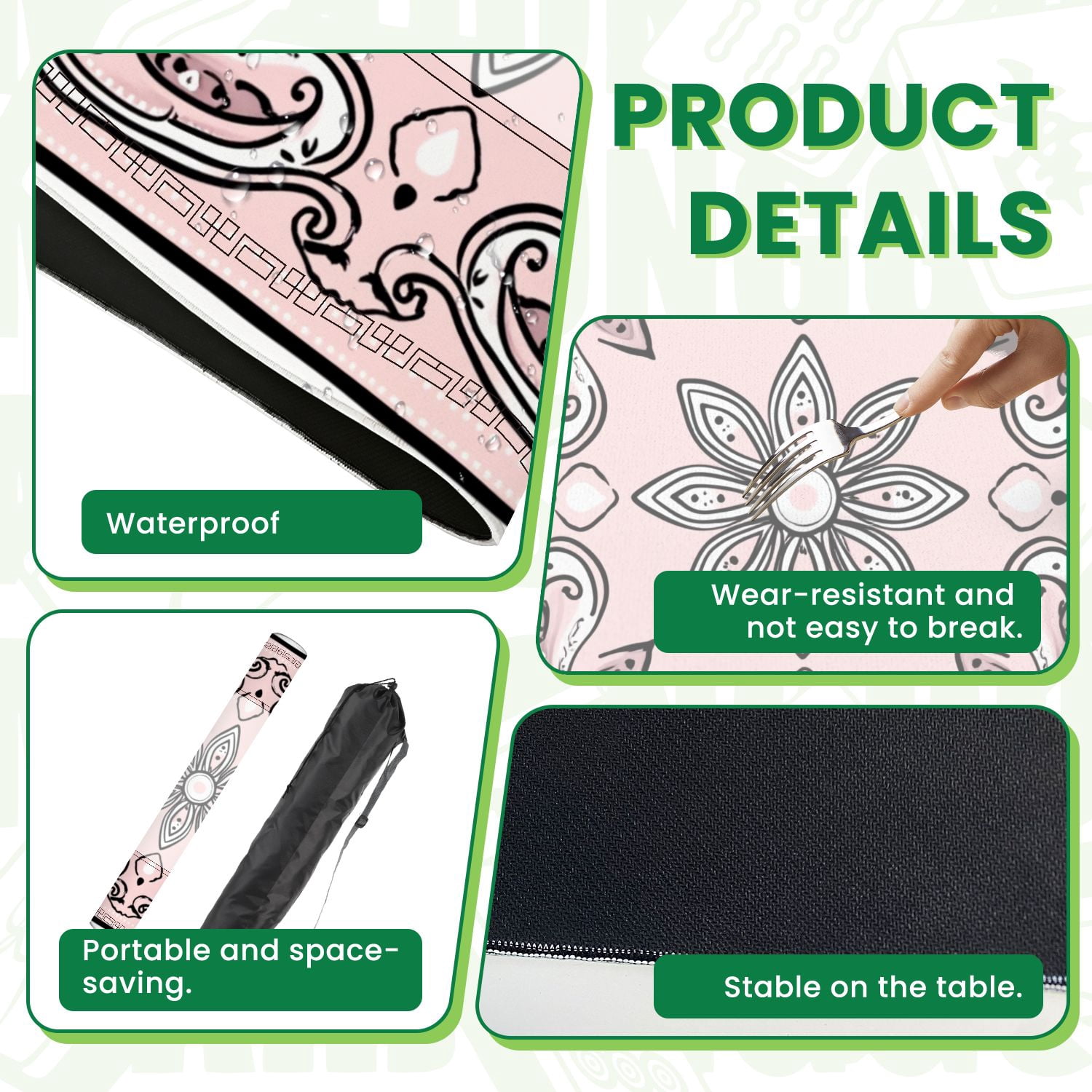 Mahjong Mat 31.5" x 31.5" Floral Bandana Black Outline Non-Slip Noise Reduction American Mahjong Tiles Table Cover for Dominoes Poker Card Board Games Gift