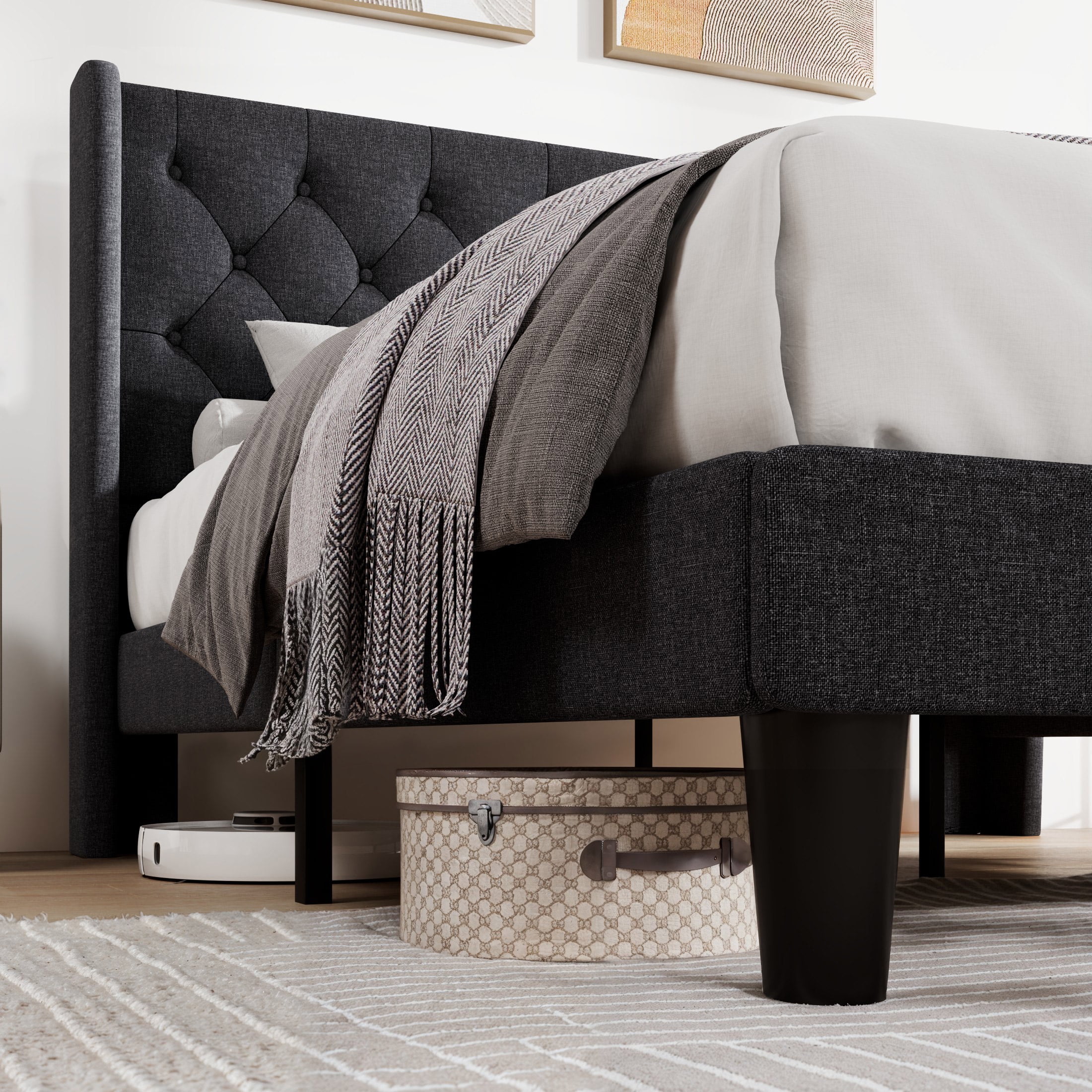 Allewie Full Size Upholstered Platform Bed Frame with Fabric Wingback Button Tufted Headboard, Black