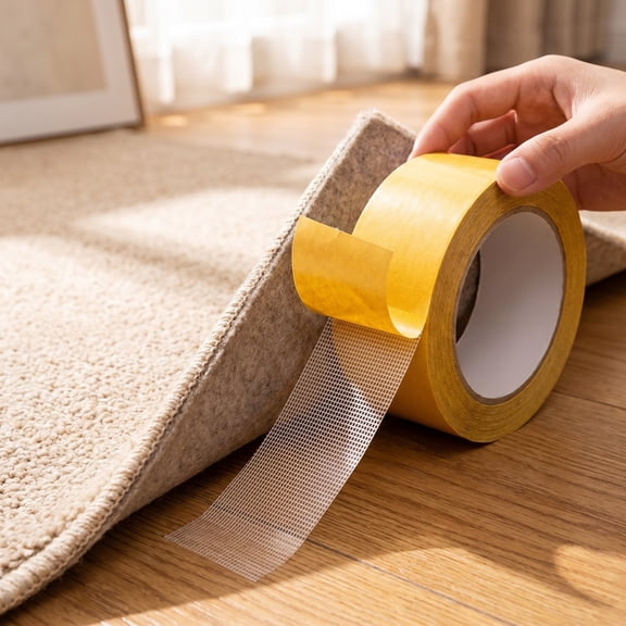 Rirozkan Double Sided Mesh Tape, Heavy Duty Waterproof Fiberglass Mounting Adhesive with Yellow Liner for Carpet Floor Rug Gripping