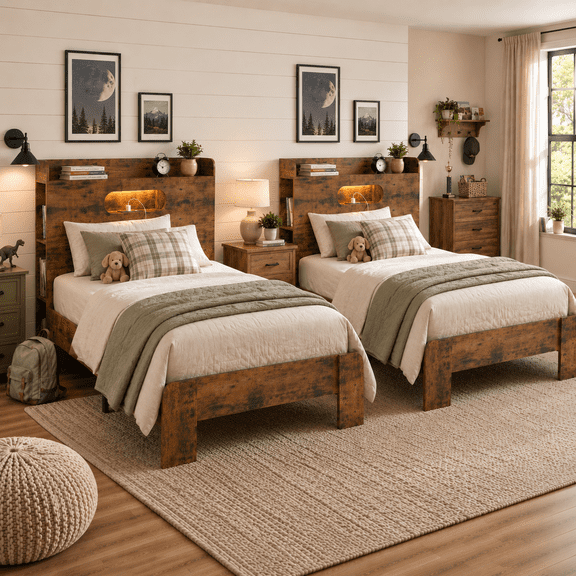 Zimtown Set of 2 Twin Bed Frame with Storage Headboard, Platform Bed with LED and Charging Station, Rustic Brown