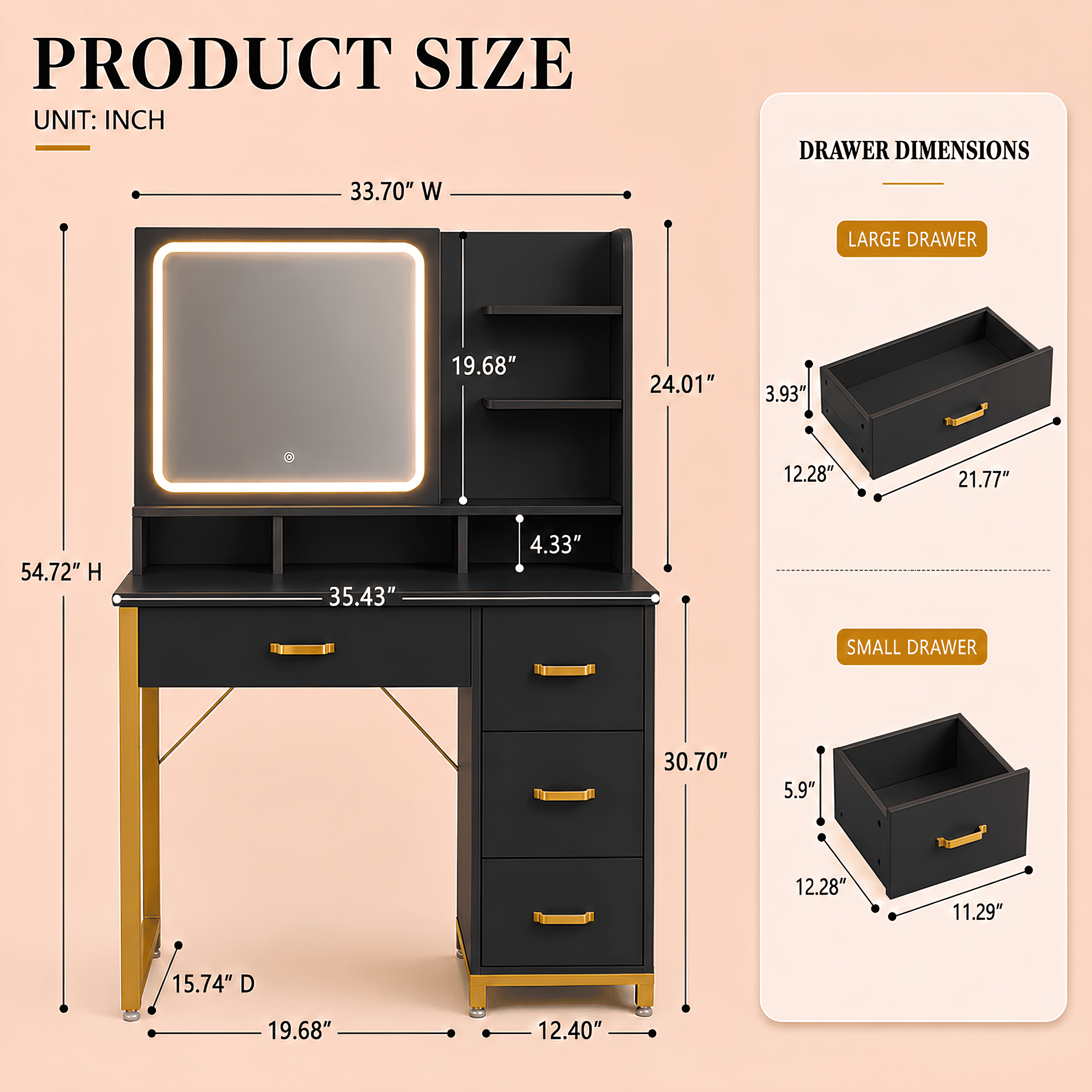 CLOUDREST PRO Makeup Vanity Desk with LED Lighted Mirror for Bedroom, 3 Color Lighting Modes, Storage Drawers & Open Shelves, Gold & White Beauty Dressing Table for Women, Black