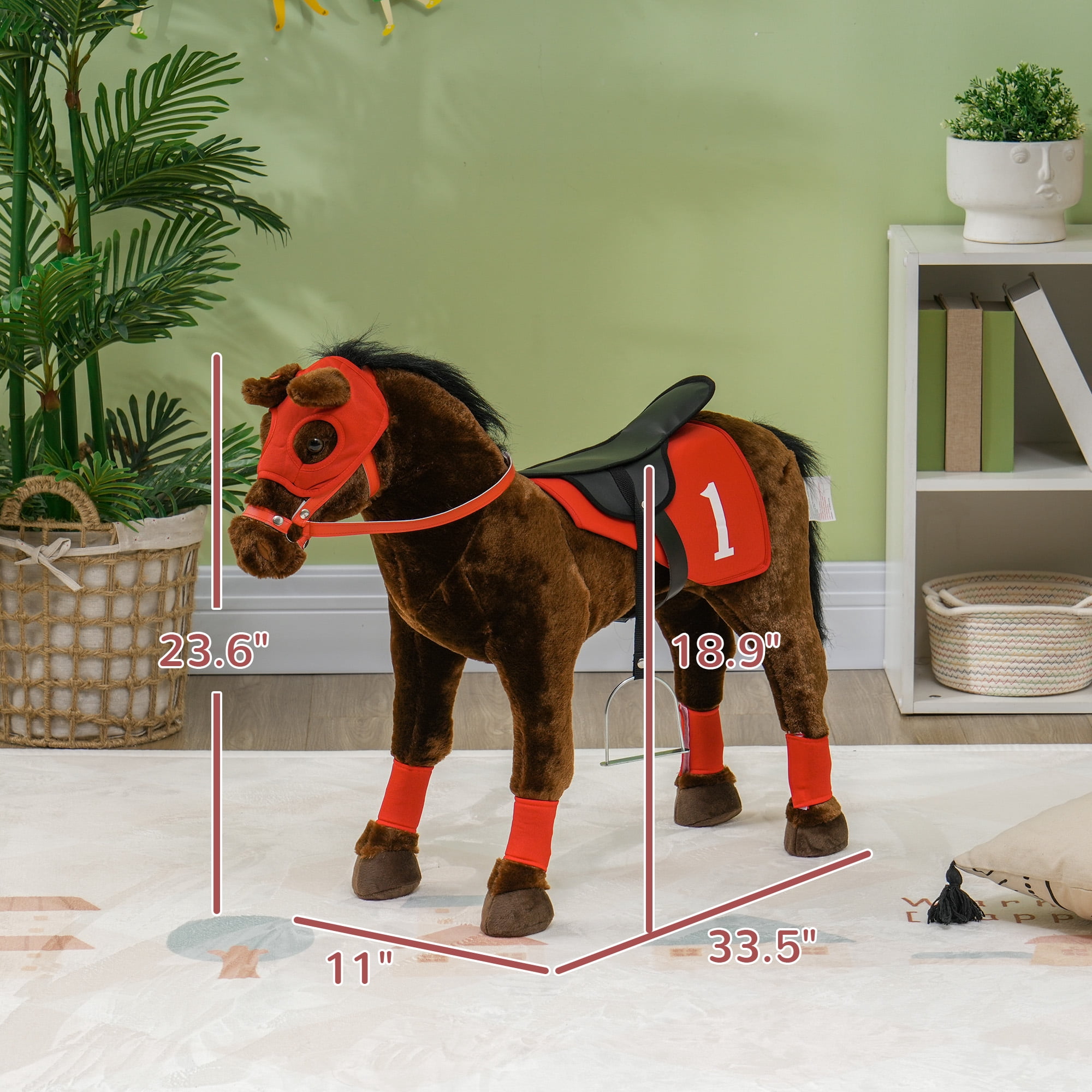 Qaba Ride on Horse for Kids 3-8 Years Old, Toddlers Riding Horse with Neighing Sound, Ride on Animal Pony Toy with Saddle & Stirrups