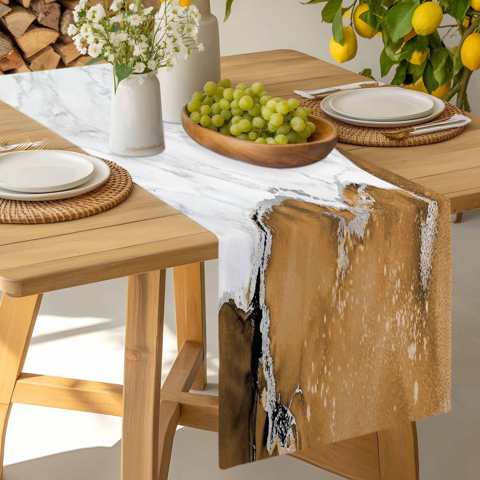 Kitchen Table Runner 90 Inches Long, Modern Marble Style Cotton Linen Table Runners for Dining Tables Home Holiday Party Wedding, White Grey Yellow Stone Texture Tabletop Scarf
