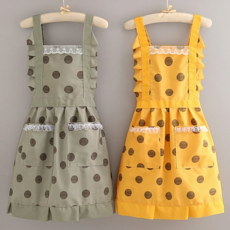

Tuelaly Sleeveless Breathable Cooking Apron with Lace Double Pockets Dot Print Waterproof PVC Wide Shoulder Strap Kitchen Apron for Home
